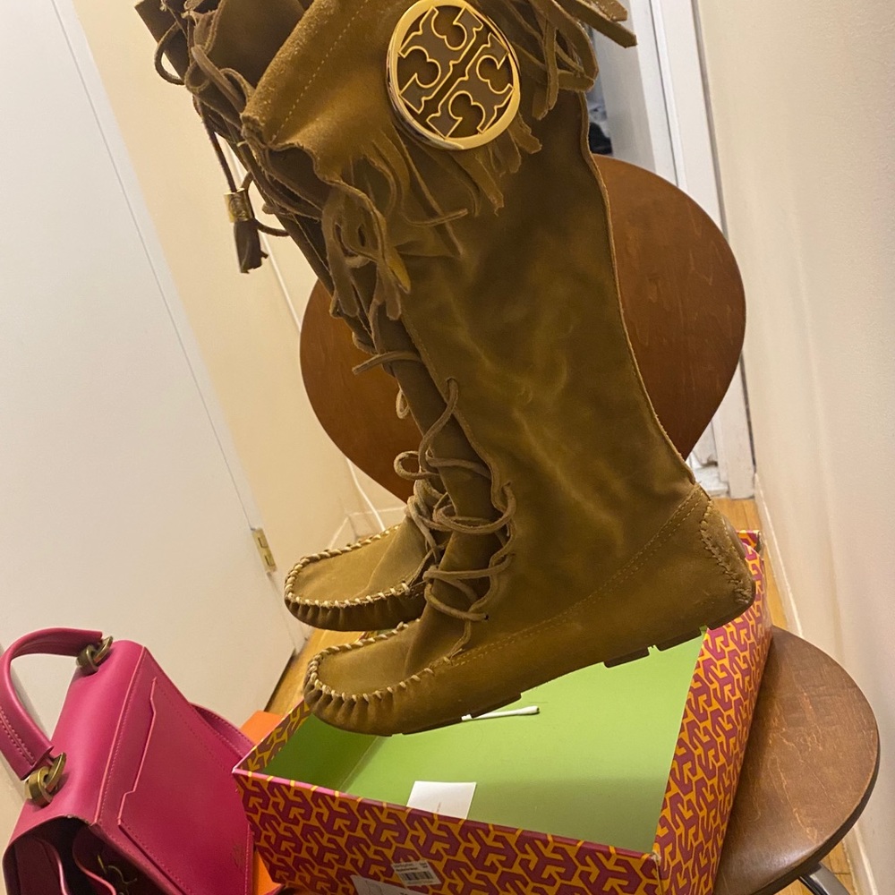 Tory Burch Suede Camel Moccasin Lace up Boots - Picture 6 of 16